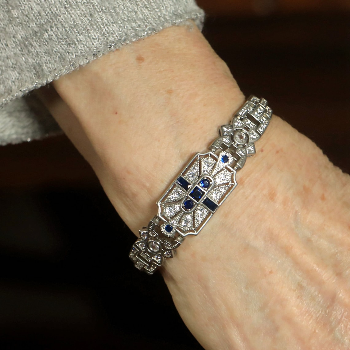 Bracelet Art Déco En Argent Avec Diamants Et Saphirs De Synthèse - Style Géométrique - Occasion