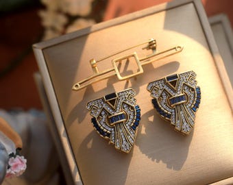 Exquisites Art-déco-Broschenset mit geometrischem Fächer und zwei Clips, besetzt mit weißen und blauen Saphir-Zirkonia, Vintage-Stil der 1920er Jahre, antik vergoldet, Great Gatsby