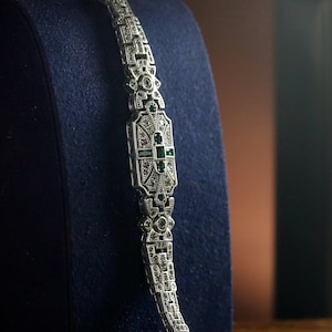 Schitterende Art Deco armband antiek zilver koper geometrische rechthoek bezet met smaragdgroene CZ vintage stijl jaren 1920 Great Gatsby gerhodineerd afbeelding 7
