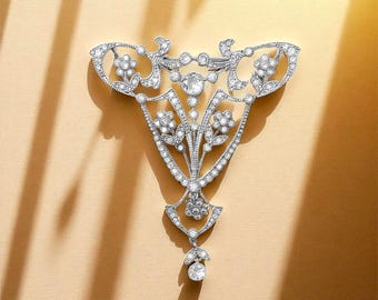 Stunning Delicate Belle Epoque Silver Gilt Laurel Floral Garland Brooch Set with White CZ 1900s Vintage Style Rhodium Plated Brass