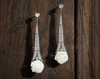 Art Deco Long Clip-on Stud Earrings Silver Gold Set CZ Fan Eiffel Tower Real Flower Pink White Mother of Pearl 1920s Great Gatsby