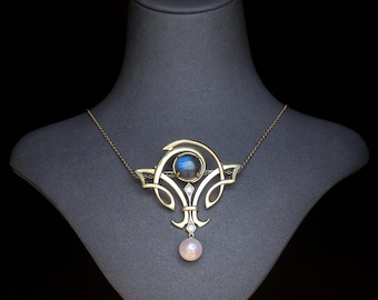 Stunning Antique Gold Matte Art Nouveau Necklace & Brooch Set with White CZ Real White Pearl Half Pearl Labradorite Vintage Style Gold Plated