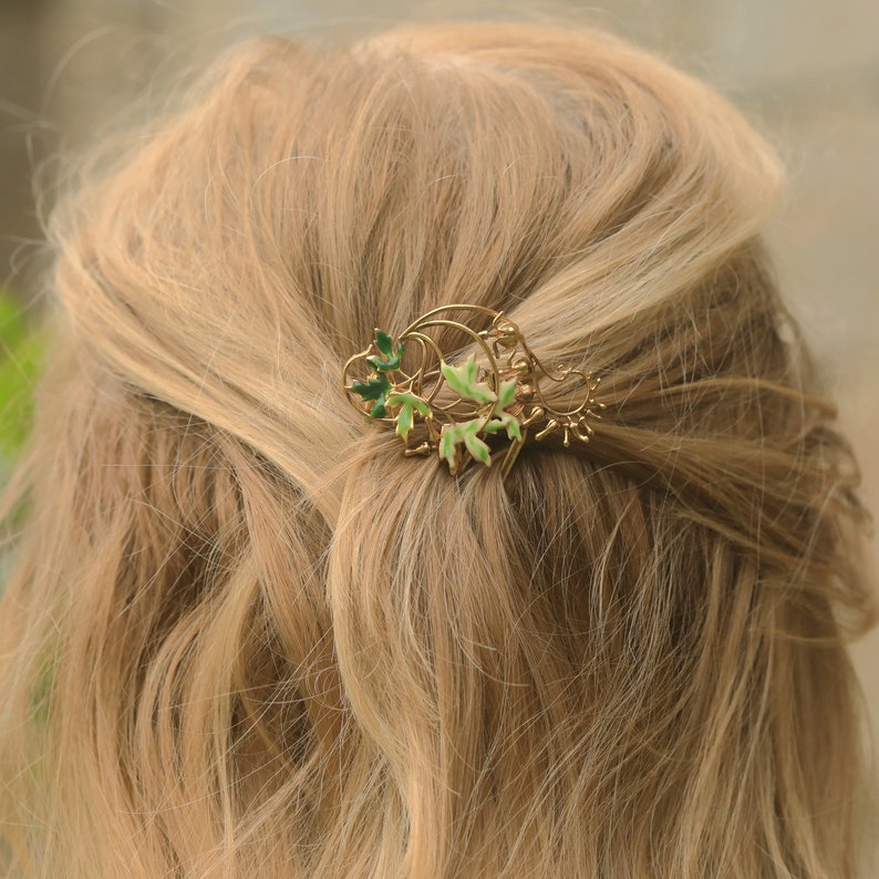 Peigne épingle à Cheveux Art Nouveau Branche de Feuille Email Vert Mariage Vintage Style Plaqué l'Or Antique image 2