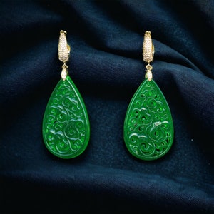 Gold Plated Tulip Sleeper Earrings Set with CZ Large Drop Green Jade Fine Carved Belle Époque Art Deco Style