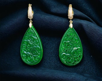 Boucles d'oreilles Dormeuses Doré Tulipe Plaqué Or Pavé CZ Grosse Goutte Jade Vert Sculpté Fin Style Belle Epoque Art Déco