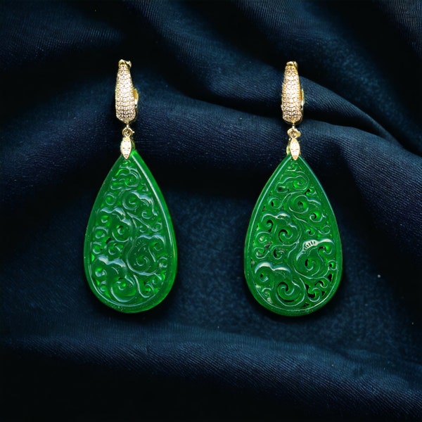 Boucles d'oreilles Dormeuses Doré Tulipe Plaqué Or Pavé CZ Grosse Goutte Jade Vert Sculpté Fin Style Belle Epoque Art Déco