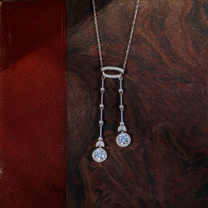 Belle Epoque Fine Pendant Necklace Silver Floral Oval Set Clear CZ Wedding Vintage Style 1910s Sterling Solid Silver 925 Rhodium Plated