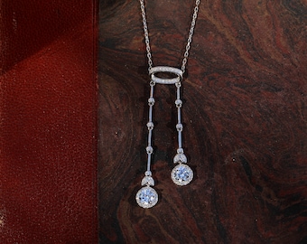 Belle Epoque-Halskette mit feinem Anhänger, Silber, Blumenmuster, ovales Set, klare CZ, Hochzeit, Vintage-Stil, 1910er-Jahre, Sterling-Massivsilber 925, rhodiniert