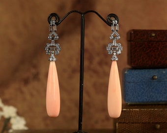 Magnífico CLIP en aretes NO perforados Conjunto Art Deco plateado CZ Baguette Drop Largo Coral rosa pálido Estilo vintage