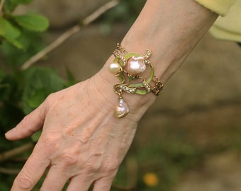 Gorgeous Antique Gold Art Nouveau Adjustable Bracelet Flower Branch Leaf Green Enamel Baroque Pearl Rose Wedding Vintage Style Gold Plated