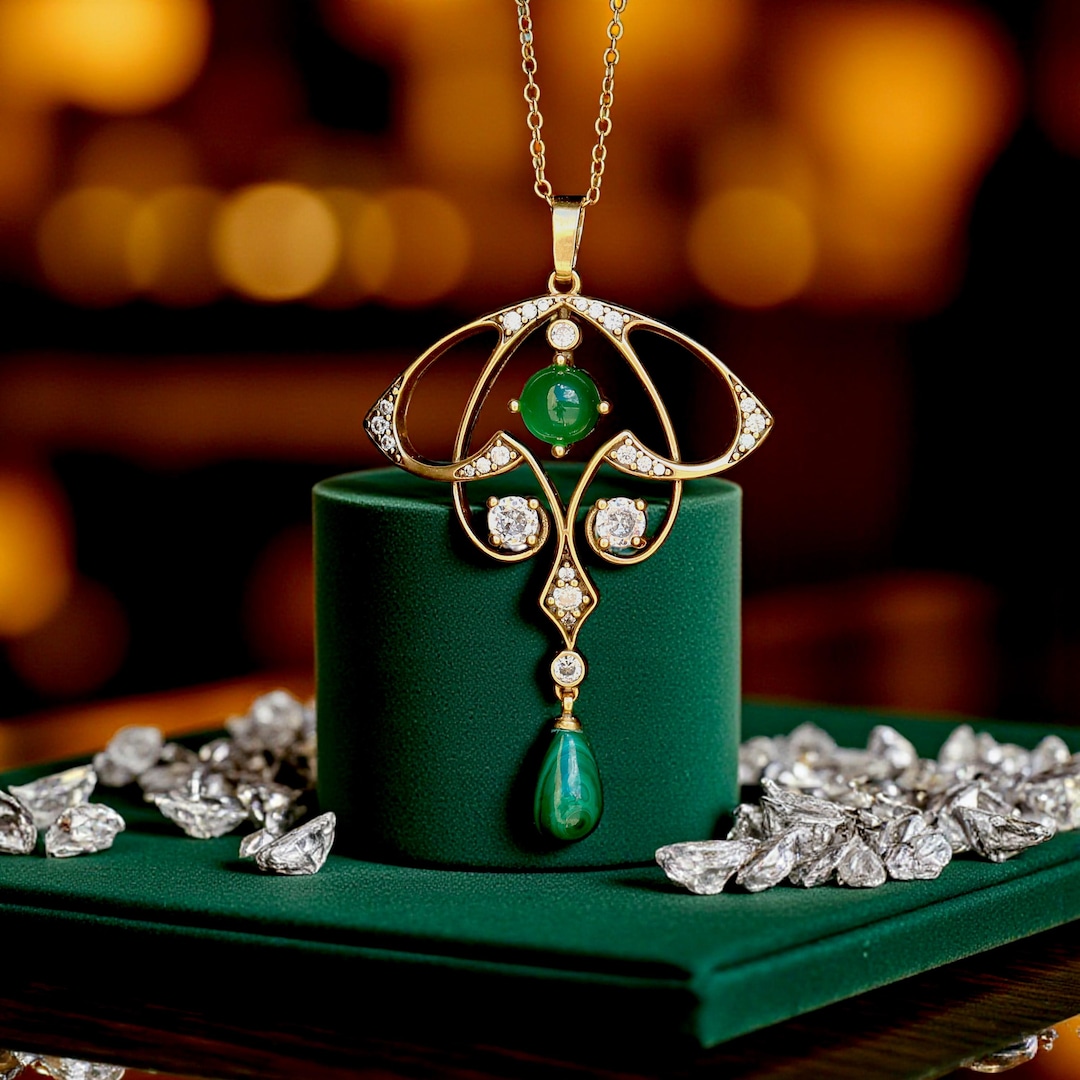 Collier Pendentif Doré Vieilli - Goutte En Corail Et Agate Rose, Style Art Nouveau, Neuf Sans Emballage