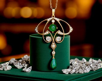 Stunning Art Nouveau Matte Aged Gold Pendant Short Necklace Genuine Green Agate Drop Green Malachite Vintage Style Gold Plated