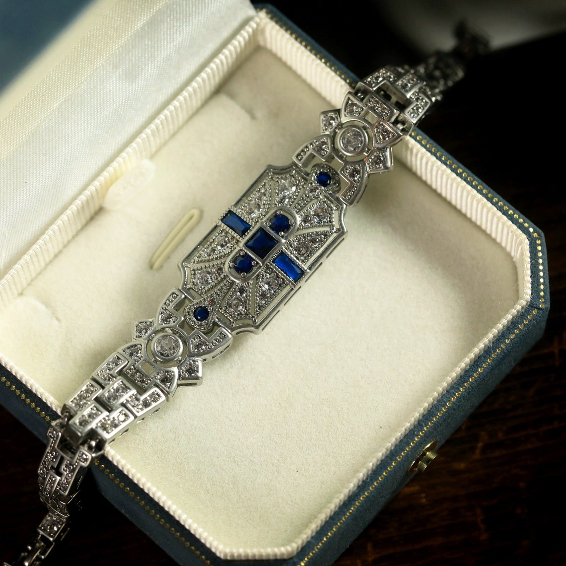 Barrette à Cheveux Clips Art Déco Argenté Antique Avec Strass Bleu - Style Vintage - Peigne Chignon QD22