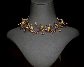 Stunning Short Choker Necklace, Adjustable, Gold Art Nouveau Style, Tree Branch, Bird, Flower, Multicolored Enamel, Green and Pink, Vintage Wedding Style