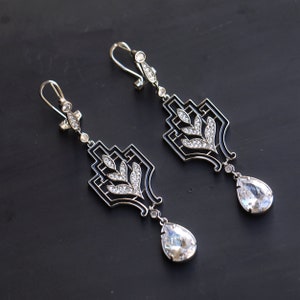 Brincos de noiva Art Deco Studs Dormeuse CLIP ON Geometric Lace Laurel Black Email Great Gatsby 1920 Estilo Vintage Banhado a Ródio