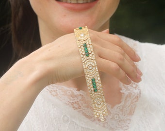 Belle Epoque Art Deco Geometric CZ Delicate Emerald Green