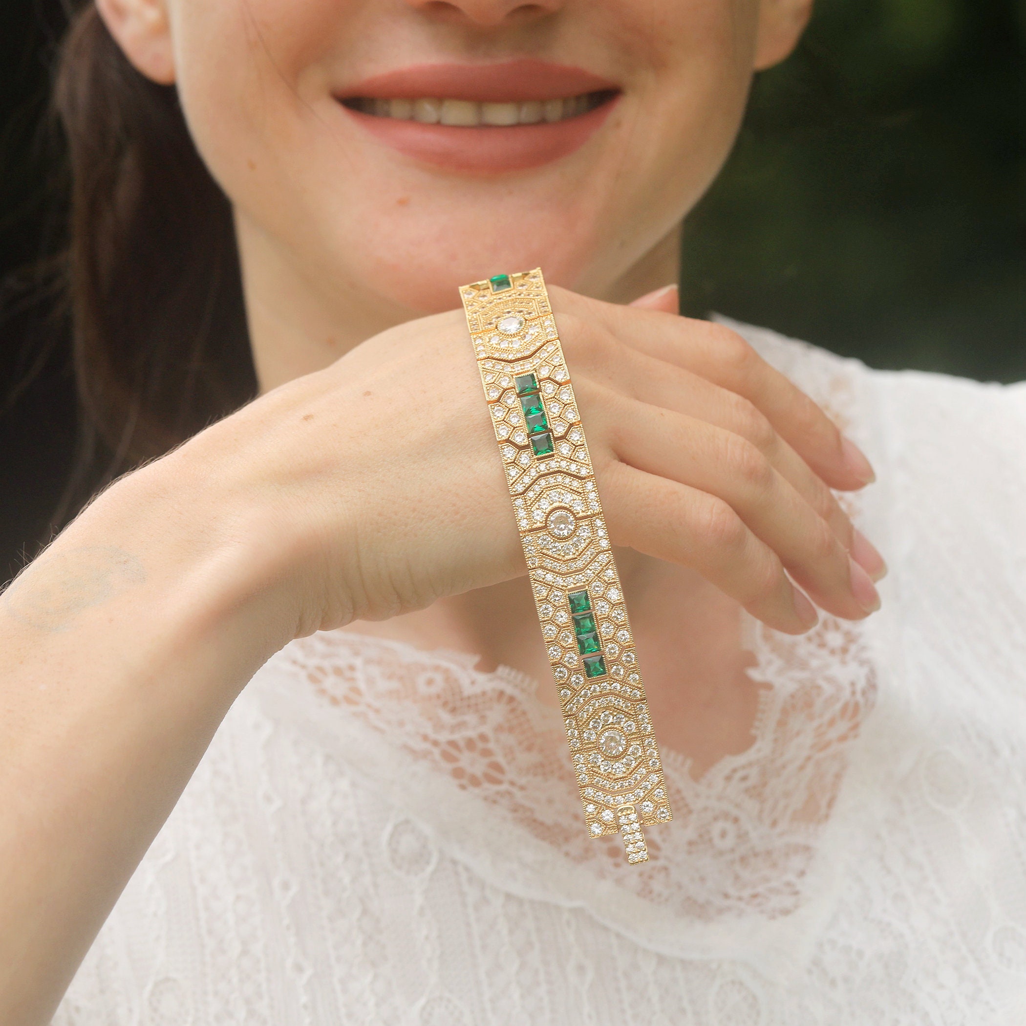 BELLE ÉPOQUE Sapphire Bracelet 18K WG Belle Epoque Bracelet Art Deco Geometric CZ Delicate Blue