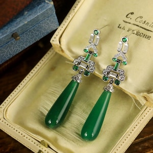Art Deco Clip on Earrings Non Pierced Geometric CZ Setting Emerald Green Agate Drop Vintage Style 1920s Wedding Rhodium Plated