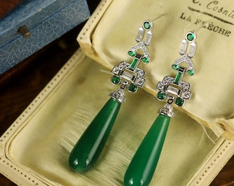 Art Deco Earrings Studs Clip on Non Pierced Geometric Setting CZ Emerald Green Drop Agate Vintage Style 1920s Wedding Rhodium Plated