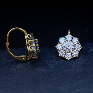 Stunning Belle Epoque Sleeper Earrings Vermeil Sterling Silver 925 Round Floral Set with White CZ Vintage Style 1900s Wedding Lightweight