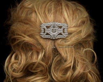 Barrette à Cheveux Art Déco Dorée Antique Avec Strass Blancs - Modèle Rectangle, Neuve, Fabrication Récente