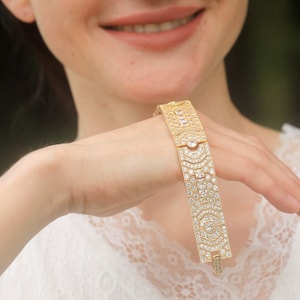 Belle Epoque Art Deco Geometric CZ Delicate White Clear Wedding Vintage Style 1920s Great Gatsby 18K Gold Plated Brass Bracelet