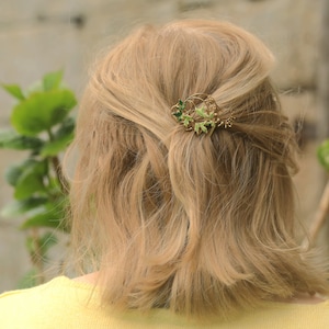 Peigne épingle à Cheveux Art Nouveau Branche de Feuille Email Vert Mariage Vintage Style Plaqué l'Or Antique image 5