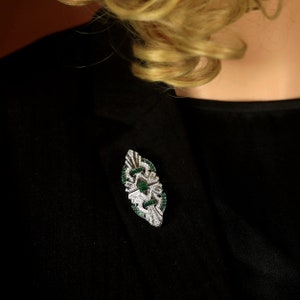 Superbe Broche Double Clips Art Deco Serti de CZ Vert Emeraude 1920s Vintage Style Great Gatsby Rhodié zdjęcie 8