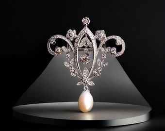 Brooch & Pendant Belle Époque Floral Laurel Garland Set CZ White Cultured Pearl Vintage Style Rhorplated