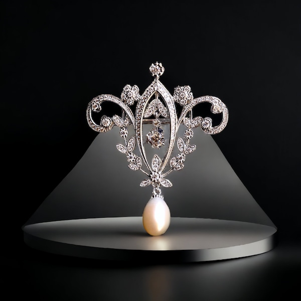 Brooch & Pendant Belle Époque Floral Laurel Garland Set White CZ Cultured Pearl Vintage Style Rhodium Plated