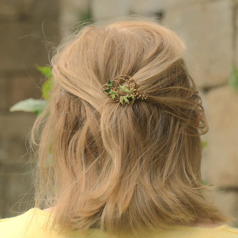 Peigne épingle à Cheveux Art Nouveau Branche de Feuille Email Vert Mariage Vintage Style Plaqué l'Or Antique image 7