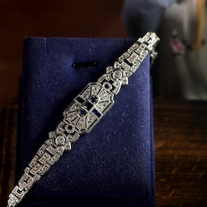 Stunning Art Deco Bracelet Antique Silver Copper Geometric Rectangle Set with Blue Sapphire CZ Vintage Style 1920s Great Gatsby Rhodium Plated