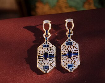 Belle Epoque Stud Earrings Gold Art Deco Geometric CZ Blue Sapphire Vintage Style 1920s Wedding
