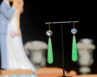 Superb Gold Hook Earrings Long Oval Blue Drop Jade Green Vintage Style Wedding