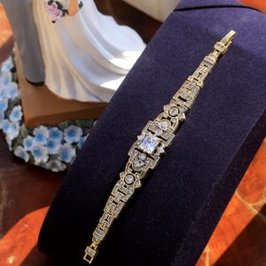 Superbe Bracelet Petit Gros Poignet Art Déco Argenté Doré Antique Rectangle Floral Serti de CZ Blanc Vintage Style 1920s Great Gatsby
