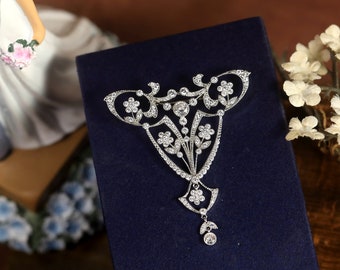 Stunning Delicate Belle Epoque Silver Gilt Laurel Floral Garland Brooch Set with White CZ 1900s Vintage Style Rhodium Plated Brass