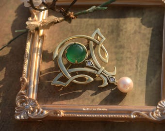 Stunning Antique Gold Matte Art Nouveau Necklace & Brooch Set with White CZ Real White Pearl Half Pearl Green Agate Vintage Style Gold Plated
