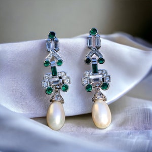 Art Deco Clip on Earrings Non Pierced Geometric CZ Setting Emerald Green Cultured Pearl Vintage Style 1920s Wedding Rhodium Plated
