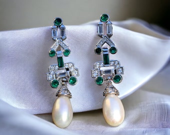 Art Deco Clip on Earrings Non Pierced Geometric CZ Setting Emerald Green Cultured Pearl Vintage Style 1920s Wedding Rhodium Plated