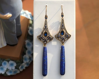 Belle Epoque Antique Gold Plated CZ Oval Blue Sapphire Long Chandelier Drop Lapis Lazuli Vintage Style 1900s Earrings