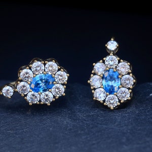 Orecchini Belle Epoque Dormeuses Vermeil Argento Sterling 925 Set floreale ovale CZ Zaffiro blu Stile vintage 1900 Matrimonio leggero immagine 3