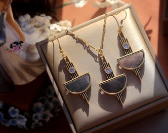 Superb Set Necklace Pendant Earrings Gold Matte Half Circle Set CZ White Mother of Pearl Gray Art Deco 1900s Vintage Style Wedding