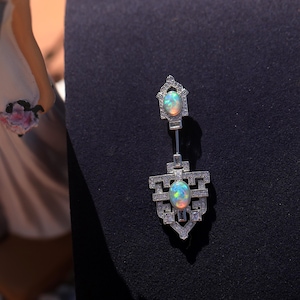 Small Solid 925 Sterling Silver Pin Brooch Set with White CZ Art Deco Opal Oval Green Blue Vintage Style 1920S Victorian Rhodium Plated Wedding