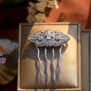 Stunning Art Deco Hair Comb Set with White CZ Rhodium Plated Great Gatsby 1920s Vintage Wedding Style