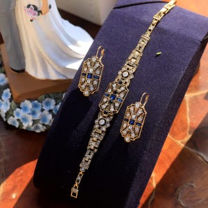 Conjunto de brincos e pulseira estilo Great Gatsby, estilo Art Déco, dourado antigo, anos 1920, com strass geométricos, azul-marinho, vintage, para casamento