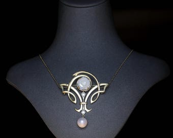 Stunning Antique Gold Matte Art Nouveau Necklace & Brooch Set White CZ Real White Pearl White Mother of Pearl Flower Vintage Style Gold Plated