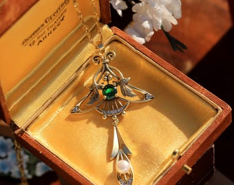 Stunning Antique Matte Gold Art Nouveau Leaf Branch Necklace Set with Green Emerald CZ Real White Pearl Vintage Wedding Style Gold Plated