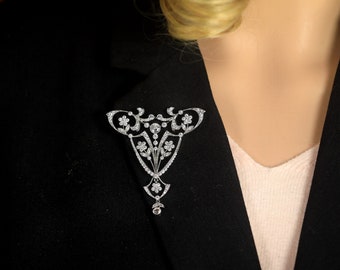 Belle Broche Ancienne Style Belle Epoque En Argent - Motif Rectangle Dentelle Floral Laurier
