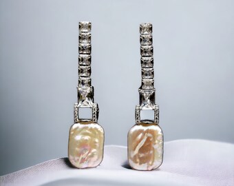 Silver Art Deco Dangle Stud Earrings Set with CZ Rectangle Baguette White Baroque Pearl Vintage Wedding 1920s Style