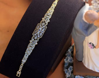 Wunderschönes Antik-Gold-Art-Deco-Armband, Kupfer, geometrisches Rechteck, Set mit weißem Zirkonia, Vintage-Stil, 1920er Jahre, Great Gatsby, vergoldet